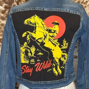 UpCycled ONE OF A KIND Western jean jacket Stay Wild Cowboy print- S